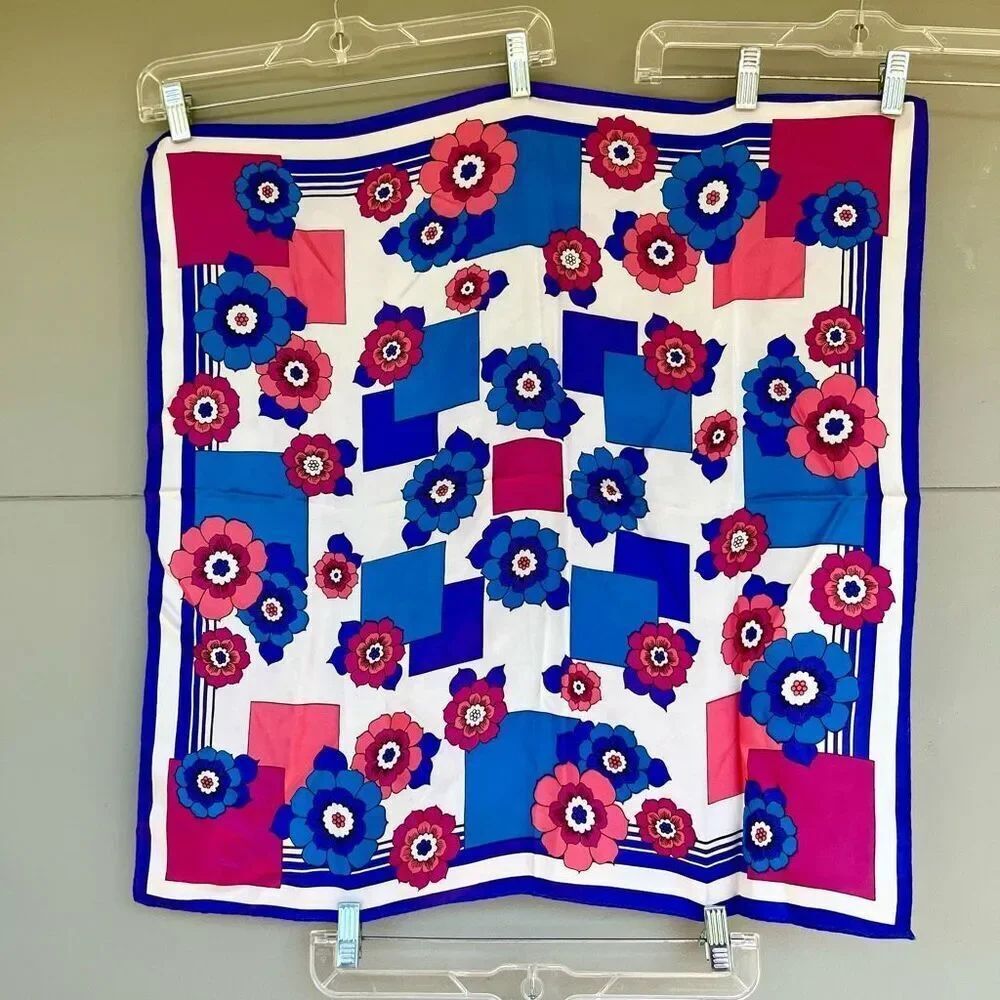 Vintage Satin Floral Square Scarf 70s Mod Geometric Print 25x26